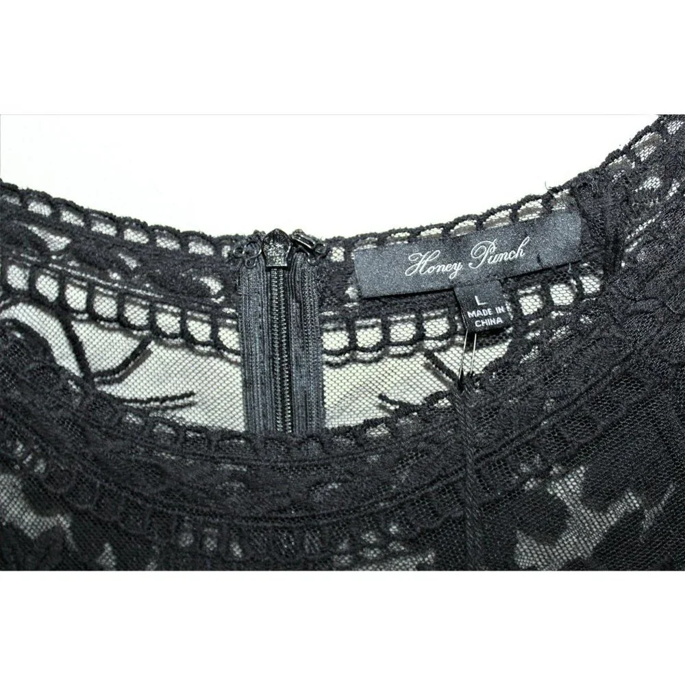HONEY PUNCH BLACK LACE/sheer long sleeves scoop neck‎ MINI dress LARGE - Picture 5 of 9
